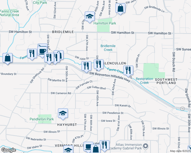 map of restaurants, bars, coffee shops, grocery stores, and more near 4510 Southwest Martha Street in Portland
