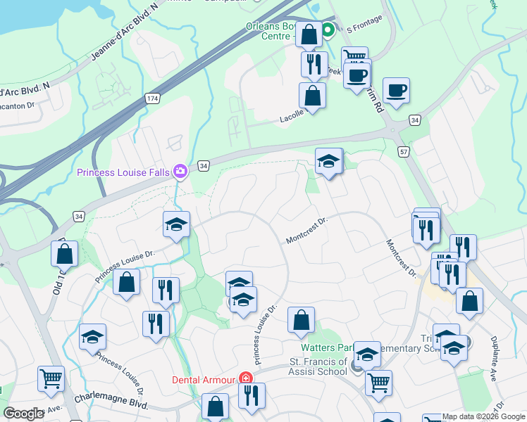 map of restaurants, bars, coffee shops, grocery stores, and more near 736 Hauteview Crescent in Ottawa