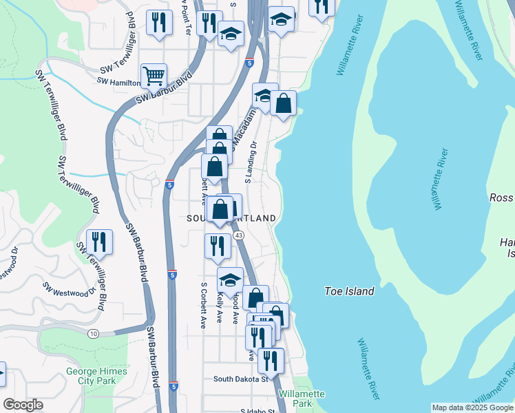map of restaurants, bars, coffee shops, grocery stores, and more near 5150 South Landing Drive in Portland