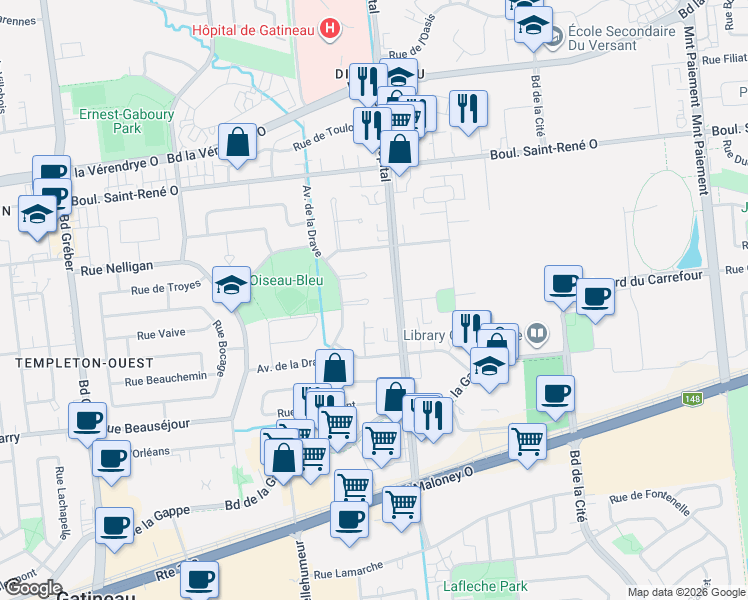 map of restaurants, bars, coffee shops, grocery stores, and more near 31 Rue de Mercure in Gatineau