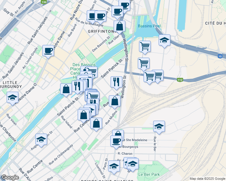map of restaurants, bars, coffee shops, grocery stores, and more near 1240 Rue de Condé in Montréal