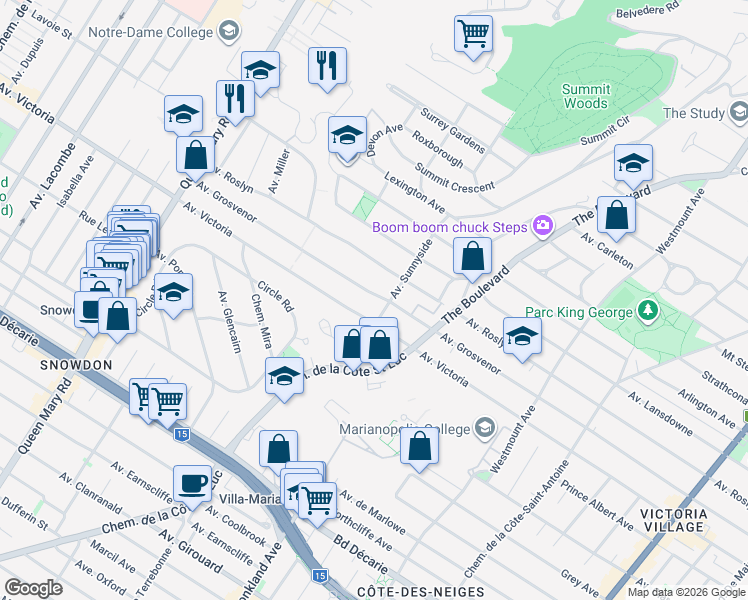 map of restaurants, bars, coffee shops, grocery stores, and more near 714 Avenue Grosvenor in Westmount