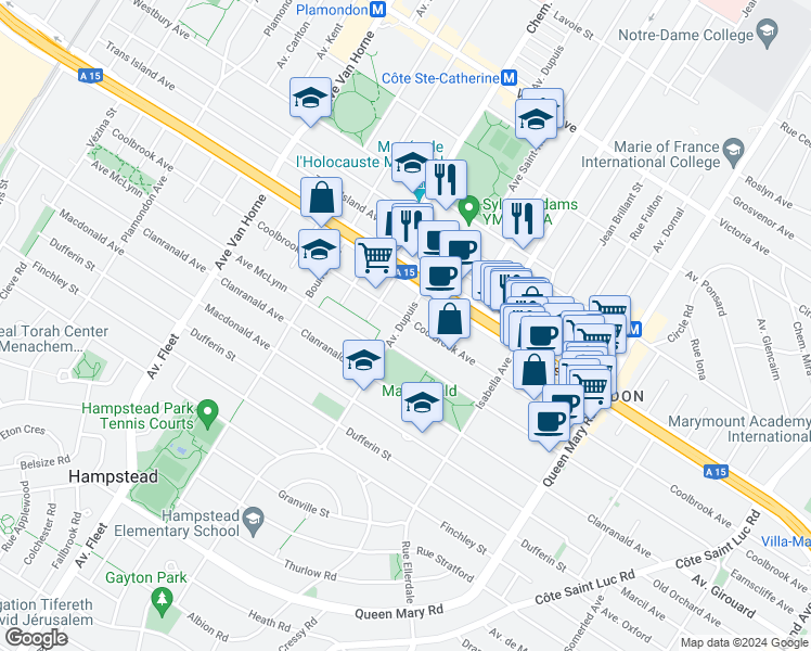 map of restaurants, bars, coffee shops, grocery stores, and more near 5350 Avenue Dupuis in Montréal