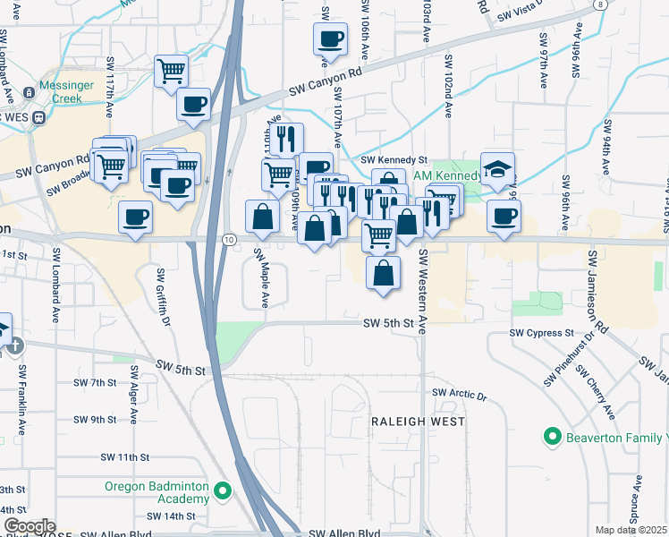 map of restaurants, bars, coffee shops, grocery stores, and more near in Beaverton