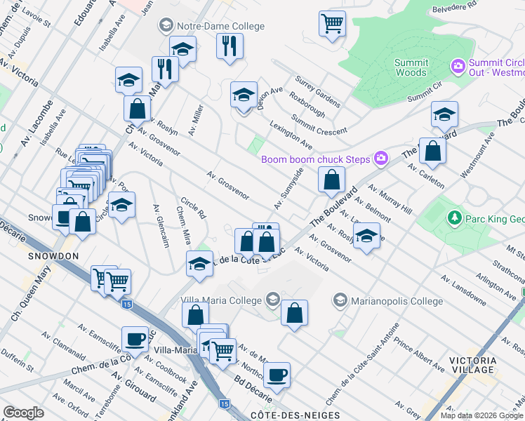 map of restaurants, bars, coffee shops, grocery stores, and more near 714 Avenue Grosvenor in Westmount