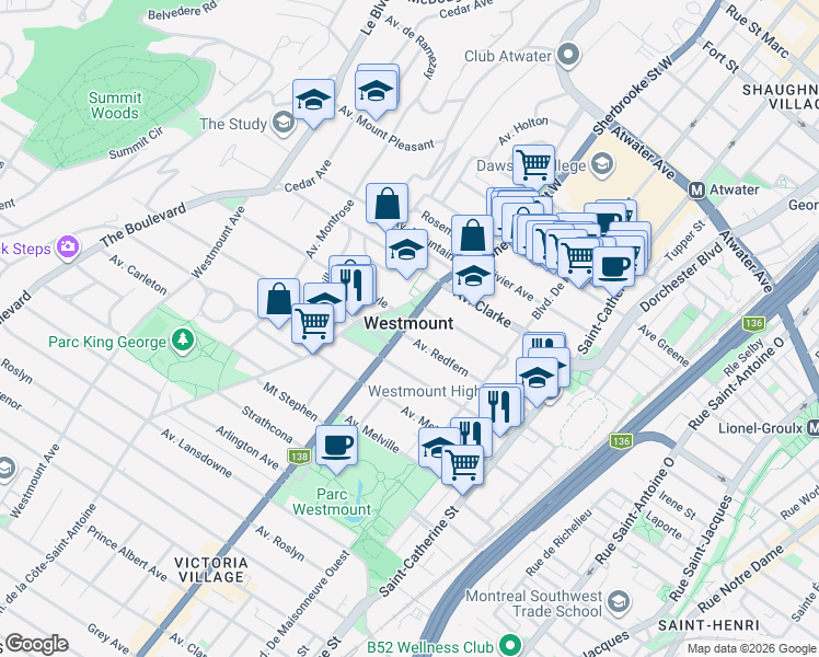 map of restaurants, bars, coffee shops, grocery stores, and more near 4330 Rue Sherbrooke in Westmount