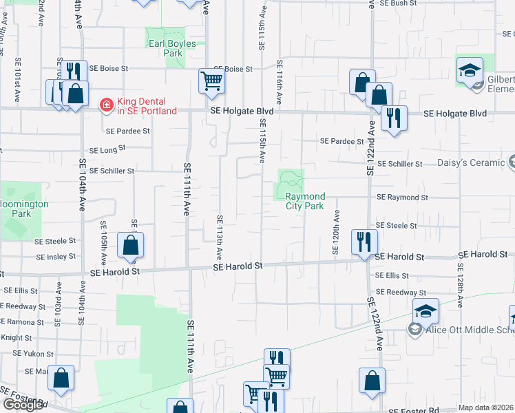 map of restaurants, bars, coffee shops, grocery stores, and more near 5031 Southeast 115th Avenue in Portland