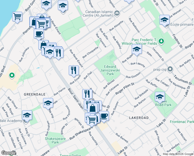 map of restaurants, bars, coffee shops, grocery stores, and more near Rue Matisse in Dollard-des-Ormeaux