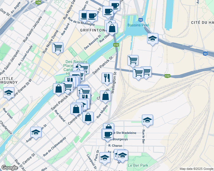 map of restaurants, bars, coffee shops, grocery stores, and more near in Montreal