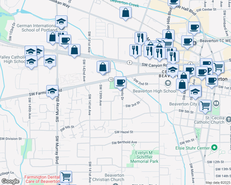 map of restaurants, bars, coffee shops, grocery stores, and more near 13665 Southwest Larch Place in Beaverton