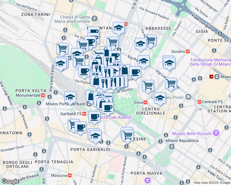 map of restaurants, bars, coffee shops, grocery stores, and more near Via Gaetano de Castillia in Milano