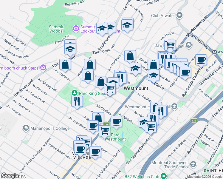 map of restaurants, bars, coffee shops, grocery stores, and more near 11 Avenue Church Hill in Westmount