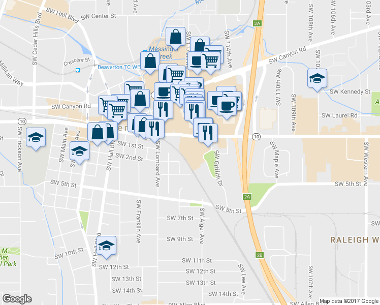 map of restaurants, bars, coffee shops, grocery stores, and more near Alexander Avenue in Beaverton