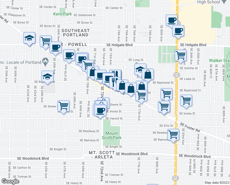 map of restaurants, bars, coffee shops, grocery stores, and more near 7330 Southeast Foster Road in Portland