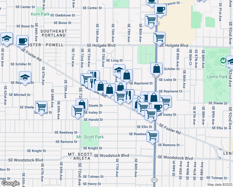 map of restaurants, bars, coffee shops, grocery stores, and more near 5103 Southeast 77th Avenue in Portland