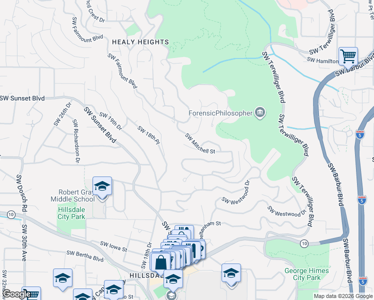 map of restaurants, bars, coffee shops, grocery stores, and more near 1530 Southwest Mitchell Lane in Portland