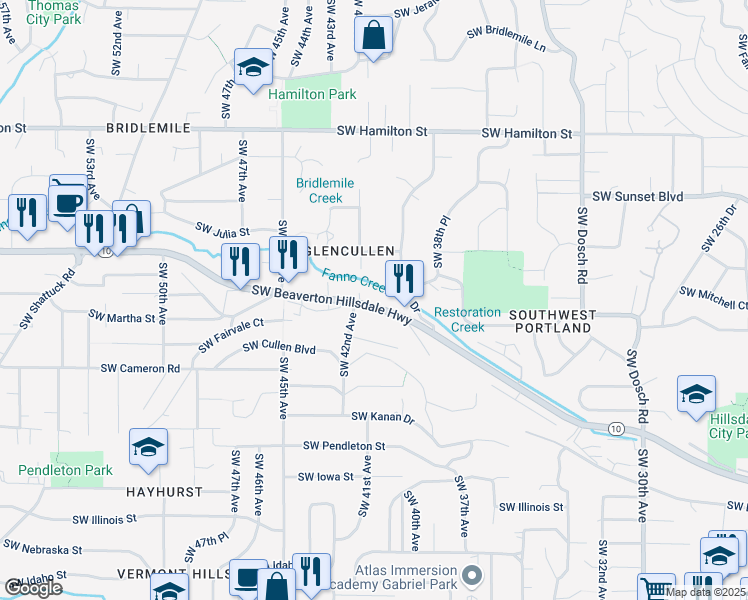 map of restaurants, bars, coffee shops, grocery stores, and more near 4105 Southwest Beaverton Hillsdale Highway in Portland