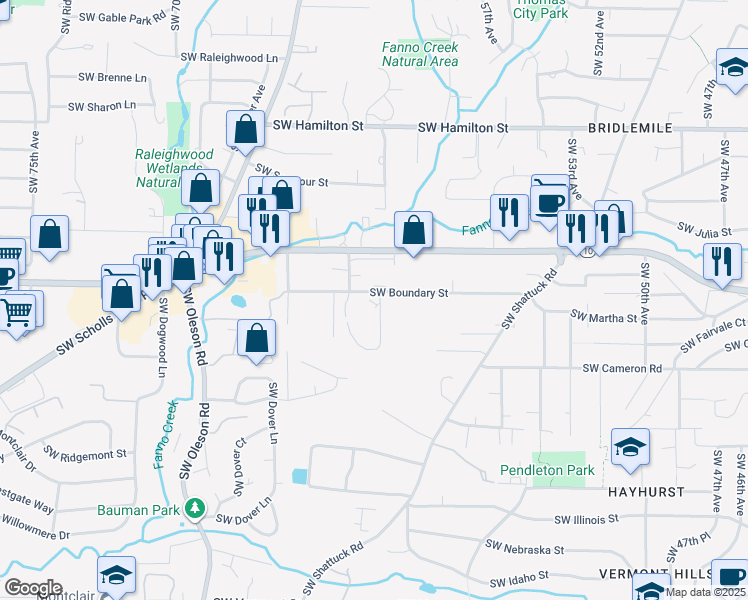 map of restaurants, bars, coffee shops, grocery stores, and more near 6125 Southwest Boundary Street in Portland