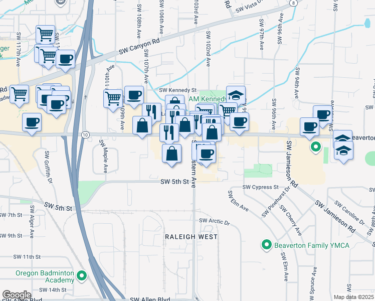 map of restaurants, bars, coffee shops, grocery stores, and more near 4855 Southwest Western Avenue in Beaverton