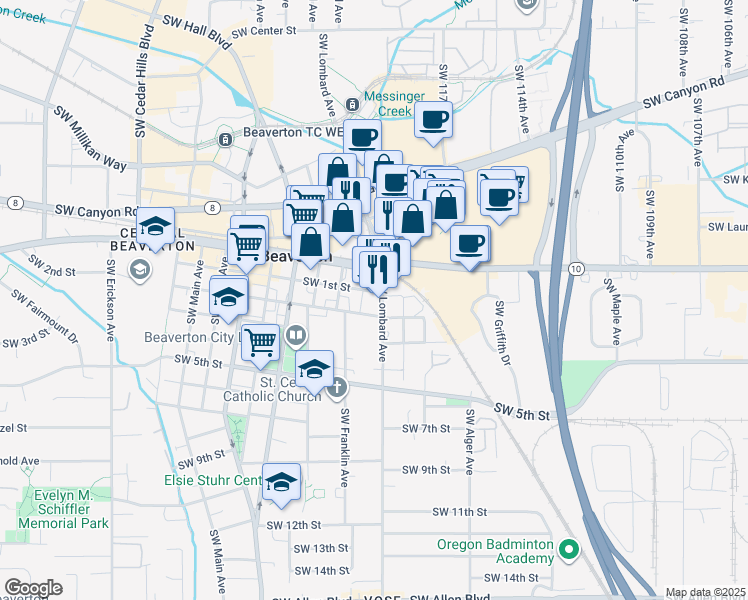 map of restaurants, bars, coffee shops, grocery stores, and more near 12055 Southwest 1st Street in Beaverton