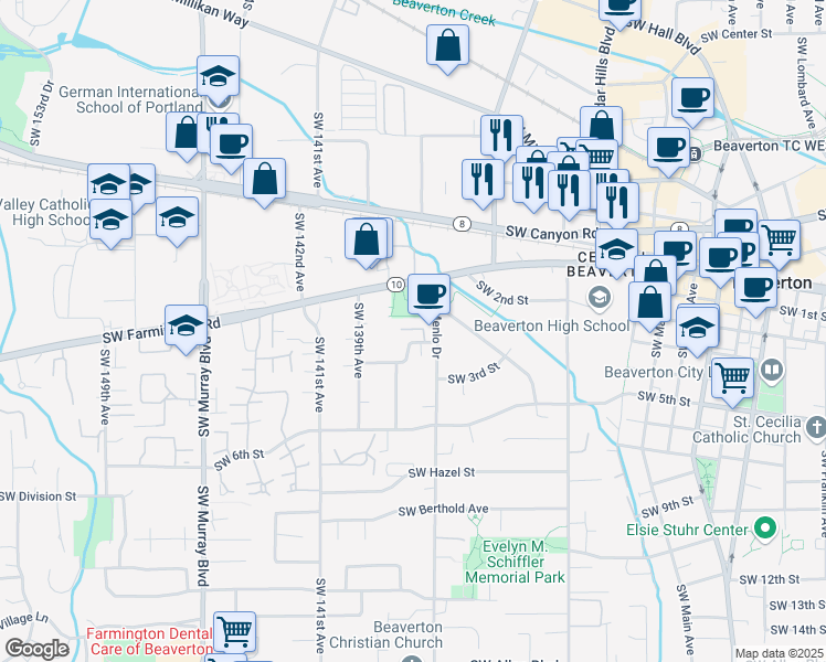map of restaurants, bars, coffee shops, grocery stores, and more near 13665 Southwest Larch Place in Beaverton