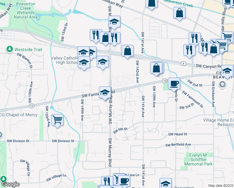 map of restaurants, bars, coffee shops, grocery stores, and more near 14310 Southwest Farmington Road in Beaverton