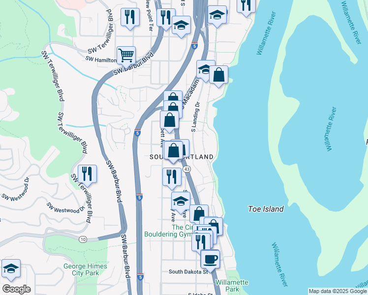 map of restaurants, bars, coffee shops, grocery stores, and more near 5100 South Macadam Avenue in Portland