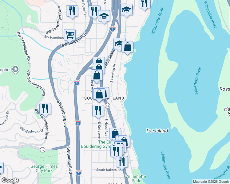 map of restaurants, bars, coffee shops, grocery stores, and more near 5150 South Landing Drive in Portland