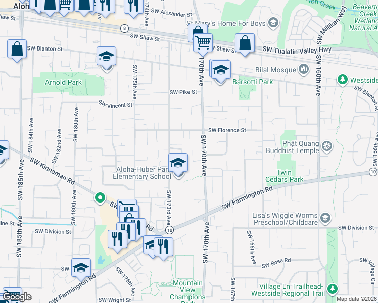map of restaurants, bars, coffee shops, grocery stores, and more near 17132 Southwest Cambridge Drive in Aloha
