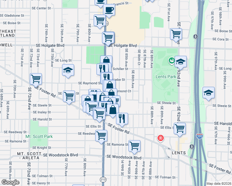 map of restaurants, bars, coffee shops, grocery stores, and more near 8331 Southeast Raymond Court in Portland