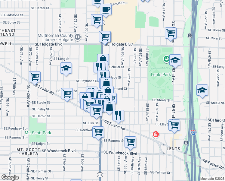 map of restaurants, bars, coffee shops, grocery stores, and more near 8316 Southeast Raymond Court in Portland