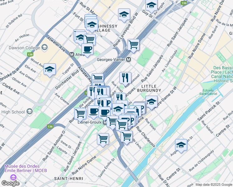 map of restaurants, bars, coffee shops, grocery stores, and more near 2477 Rue Quesnel in Montréal