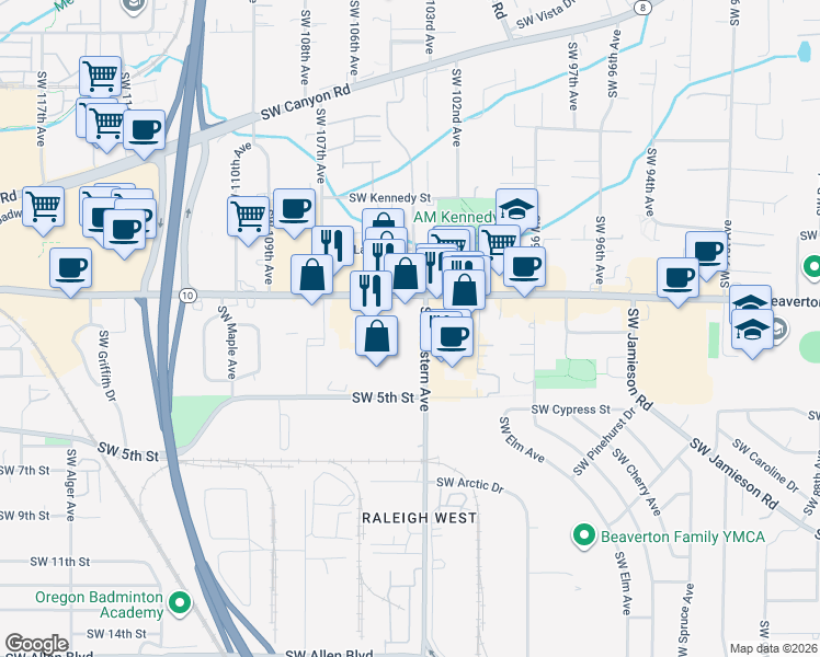 map of restaurants, bars, coffee shops, grocery stores, and more near 4855 Southwest Western Avenue in Beaverton