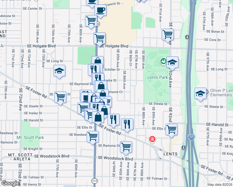 map of restaurants, bars, coffee shops, grocery stores, and more near 8505 Southeast Raymond Court in Portland