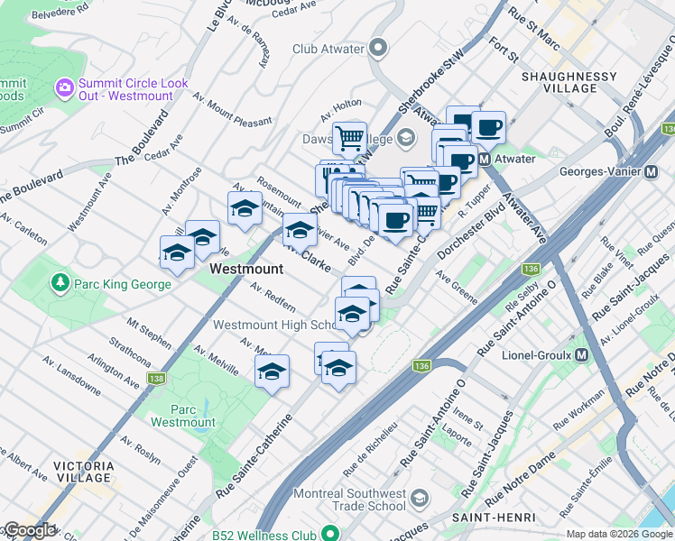 map of restaurants, bars, coffee shops, grocery stores, and more near 4299 Boulevard De Maisonneuve Ouest in Westmount