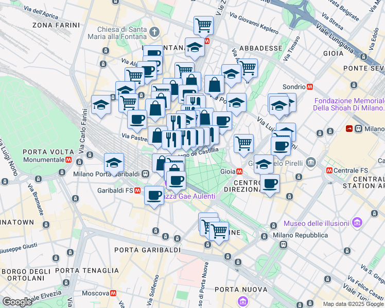 map of restaurants, bars, coffee shops, grocery stores, and more near Via Gaetano de Castillia in Milano