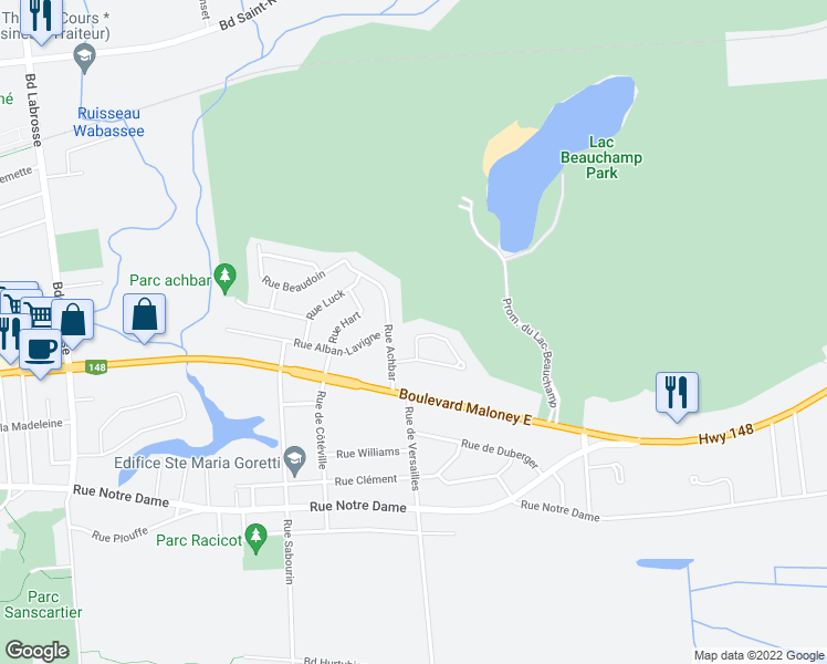 map of restaurants, bars, coffee shops, grocery stores, and more near 172 Rue de la Mine in Gatineau