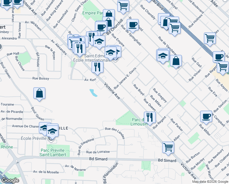 map of restaurants, bars, coffee shops, grocery stores, and more near 1620 Victoria Avenue in Champlain