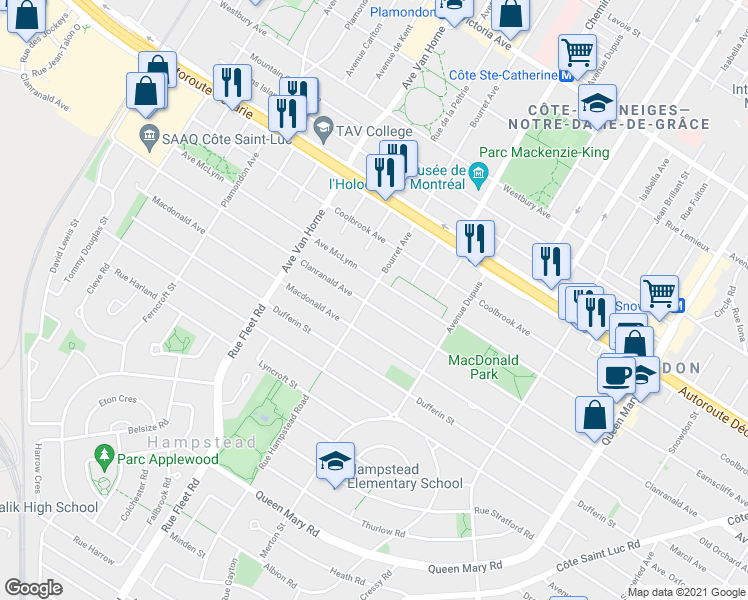 map of restaurants, bars, coffee shops, grocery stores, and more near 5502 Avenue Bourret in Montréal