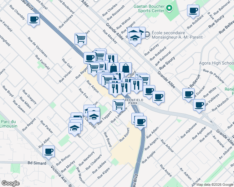 map of restaurants, bars, coffee shops, grocery stores, and more near 3904 Boulevard Taschereau in Longueuil