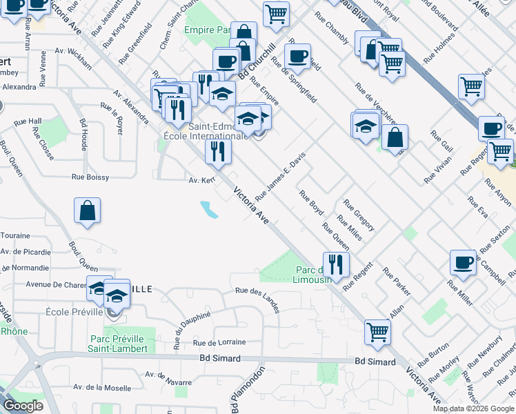 map of restaurants, bars, coffee shops, grocery stores, and more near 1620 Avenue Victoria in Longueuil