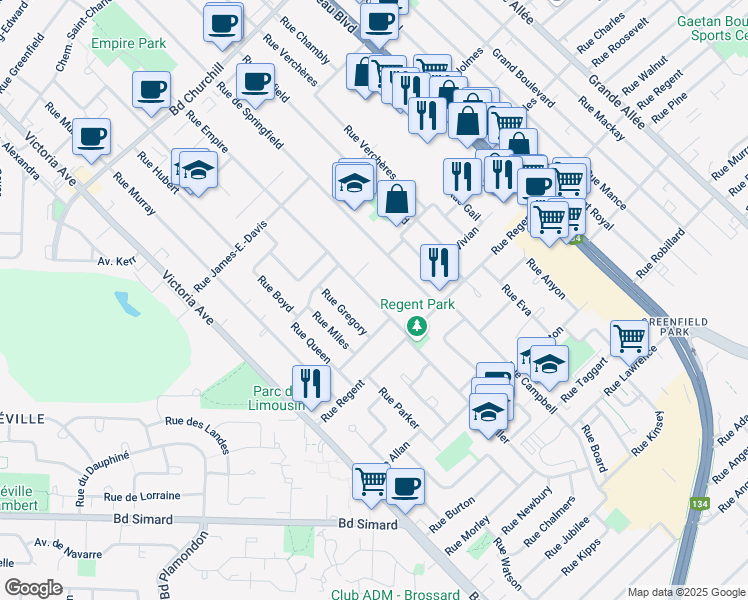 map of restaurants, bars, coffee shops, grocery stores, and more near 572 Rue Empire in Greenfield Park
