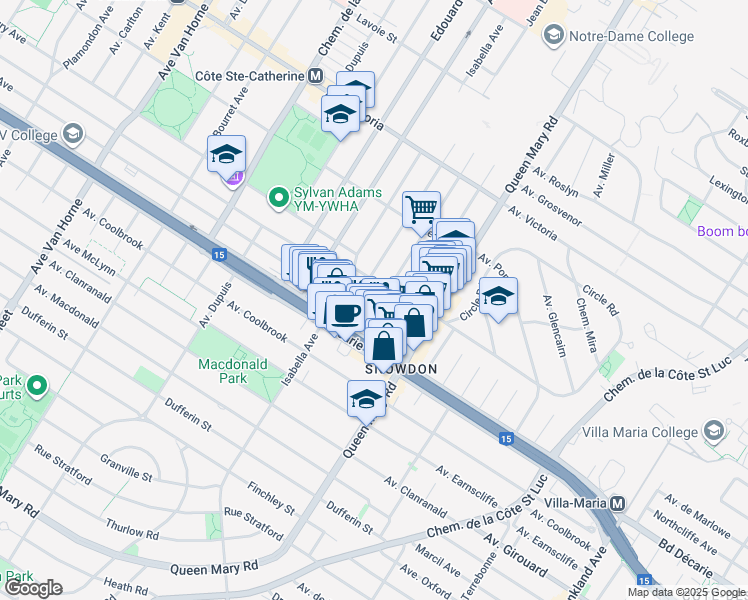 map of restaurants, bars, coffee shops, grocery stores, and more near 5206 Avenue Mountain Sights in Montréal