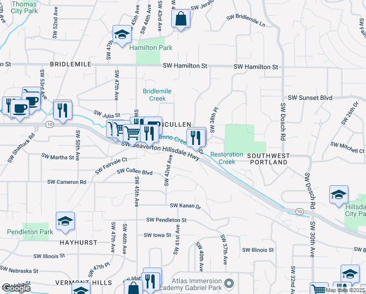 map of restaurants, bars, coffee shops, grocery stores, and more near 4105 Southwest Beaverton Hillsdale Highway in Portland