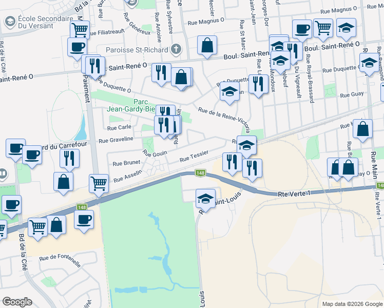 map of restaurants, bars, coffee shops, grocery stores, and more near 441 Rue Tessier in Gatineau