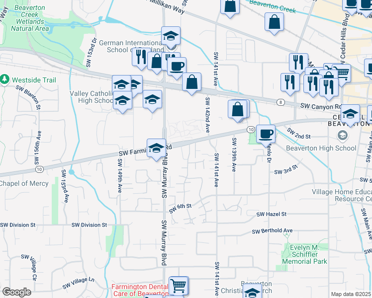 map of restaurants, bars, coffee shops, grocery stores, and more near 14310 Southwest Farmington Road in Beaverton