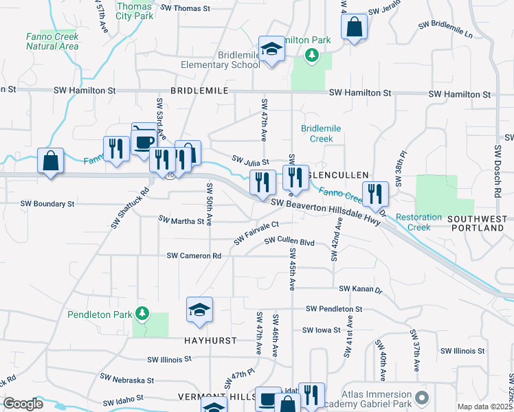 map of restaurants, bars, coffee shops, grocery stores, and more near 4736 Southwest Beaverton Hillsdale Highway in Portland