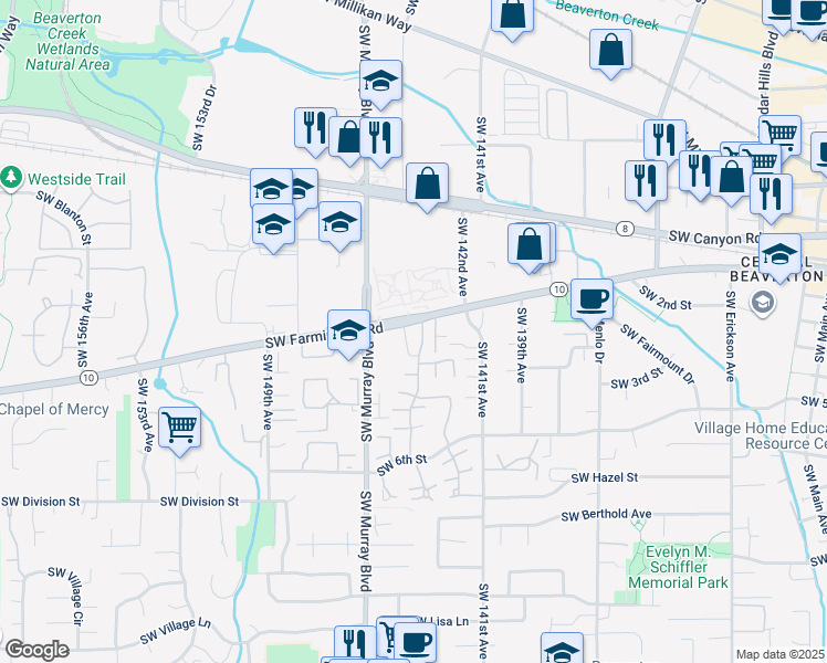 map of restaurants, bars, coffee shops, grocery stores, and more near 14310 Southwest Farmington Road in Beaverton