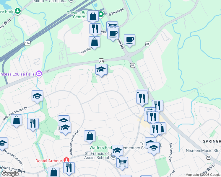 map of restaurants, bars, coffee shops, grocery stores, and more near 847 Montcrest Drive in Ottawa