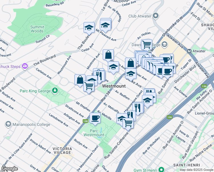 map of restaurants, bars, coffee shops, grocery stores, and more near in Westmount
